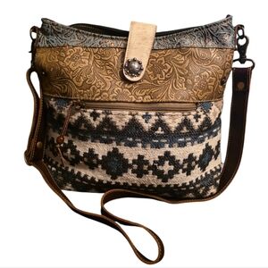 Myra Bag Brave Tooled Leather Tapestry Canvas Shoulder Bag